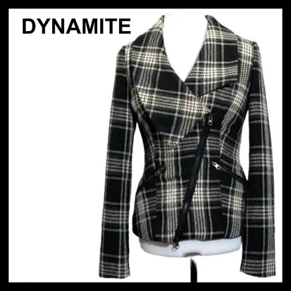 DYNAMITE wool blend asymmetrical plaid jacket - Picture 1 of 13